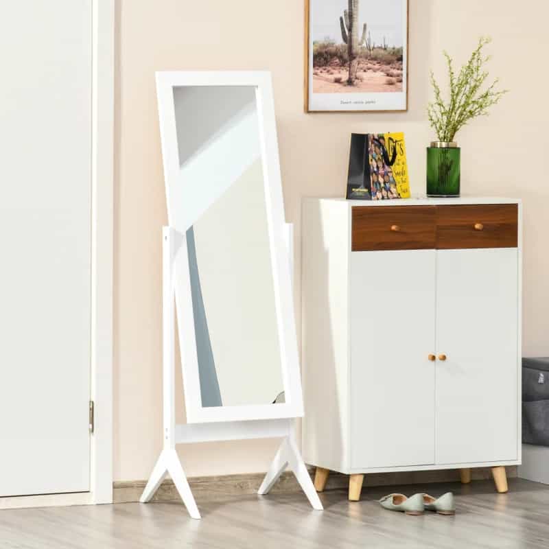 HOMCOM Full Length Mirror, Free Standing Mirror with Rectangular Frame, Adjustable Angle for Dressing Room, Bedroom, Living Room — White