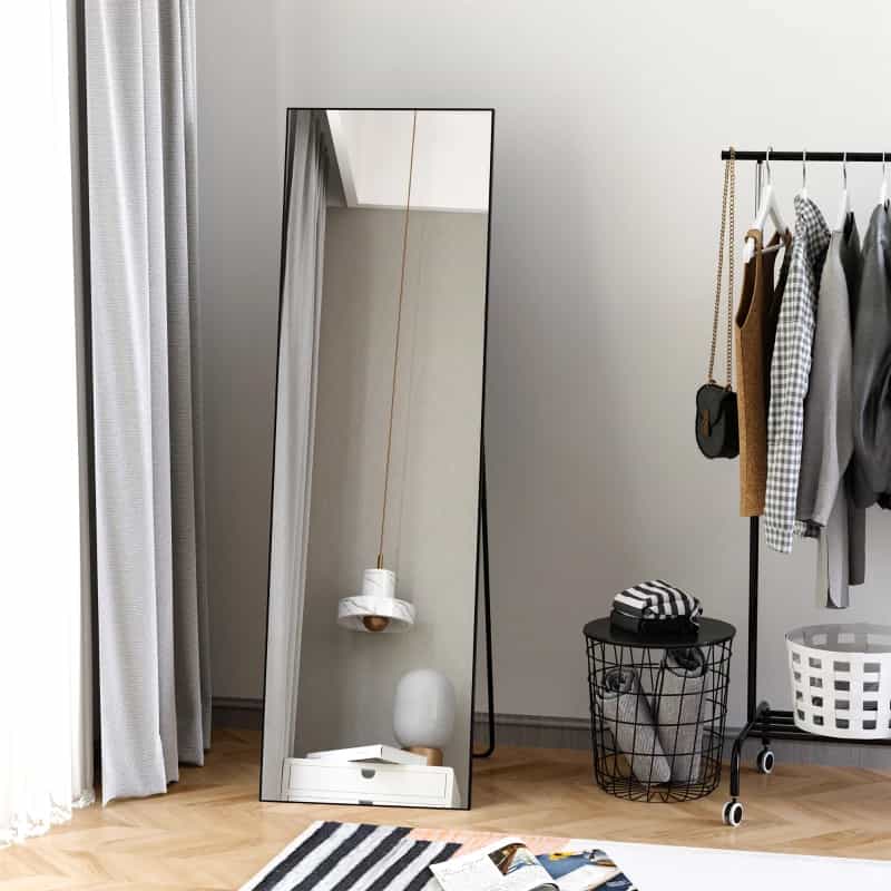 HOMCOM Full Length Mirror, Floor Standing, Wall-Mounted or Leaning Against Wall Tall Mirror with Support Frame, Rectangular Full Body Mirror for Bedroom, Living Room — Black