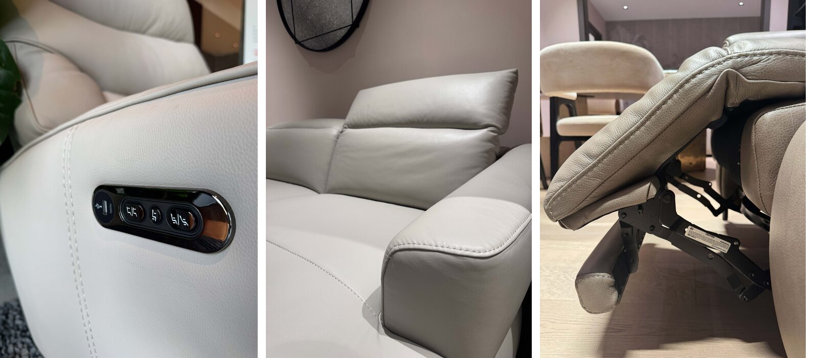 Power recliner controls: side recline buttons, a raised power headrest and the reclining footrest mechanism