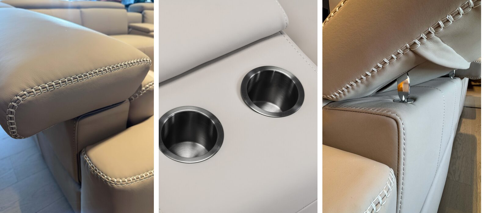 Leather details on a power reclining sofa: stitched armrest, built-in cup holders and a lifting headrest